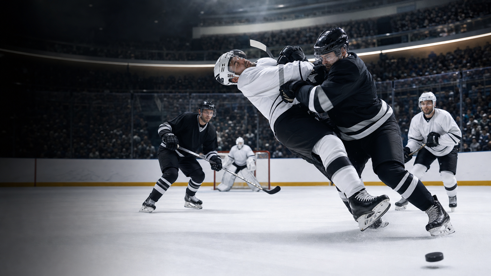 Fictional full-contact hockey scene with a clean open-ice hit